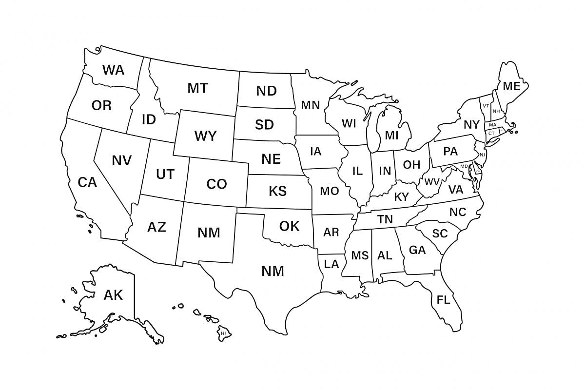 На раскраске изображено: Карта, США, Штаты, География, Обозначения, Обучение, Образование