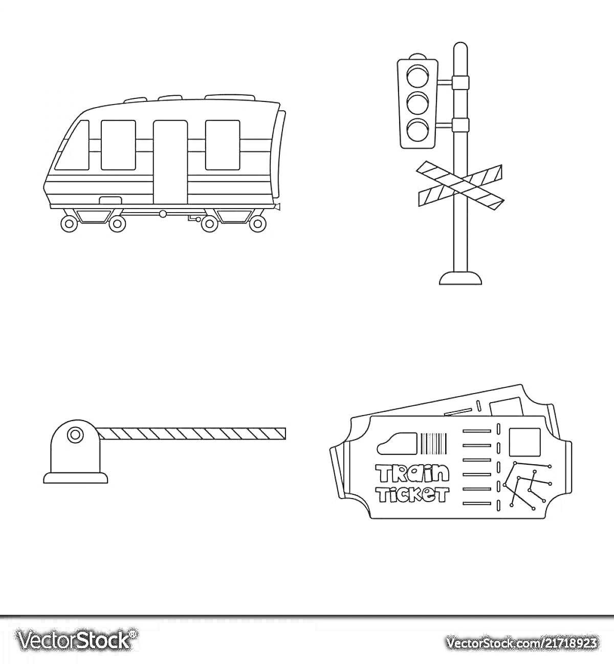 Раскраска Поезд и жд-переезд с билетом и светофором