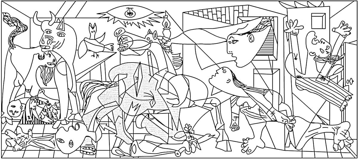 Раскраска Композиция с абстрактными фигурами, человеческими и животными образами, вытянутыми лицами, лошадью и быком, лампа и прямоугольные узоры