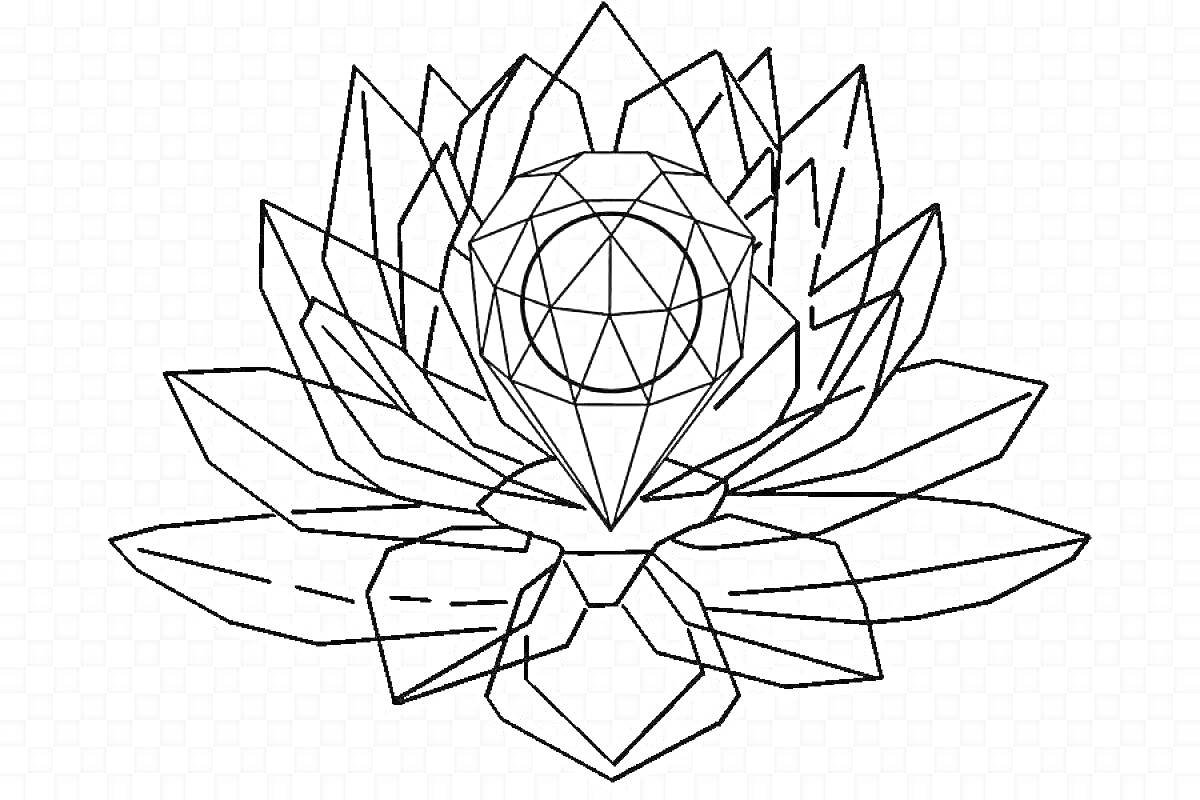 Раскраска Кристалл в форме цветка с многогранным центральным элементом и лепестками из задействованных кристаллов