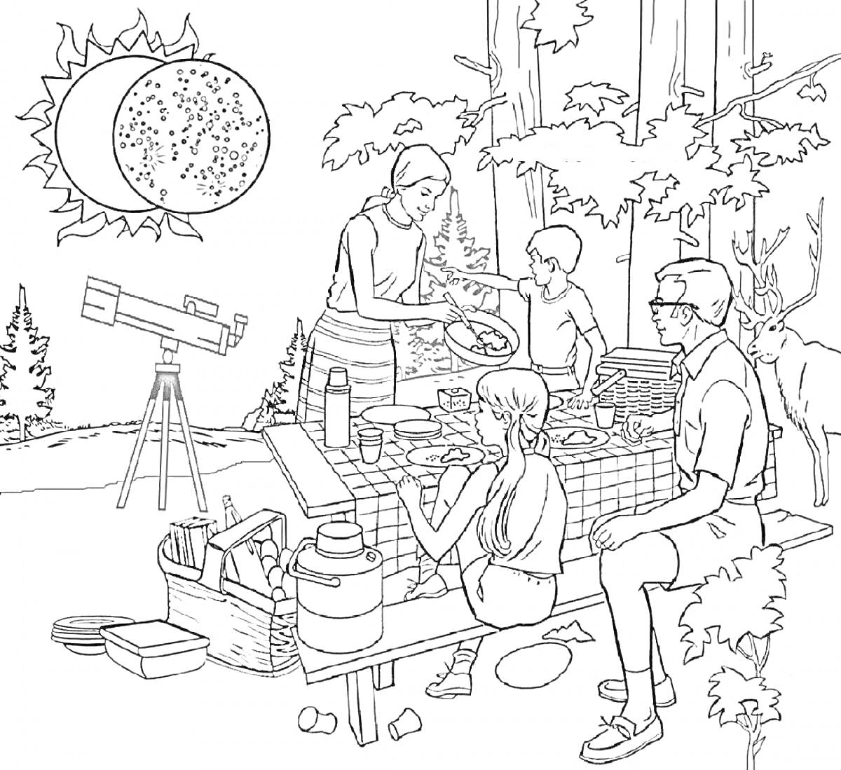 Раскраска Пикник с семьей, стол с едой, лес на заднем плане, телескоп, олени