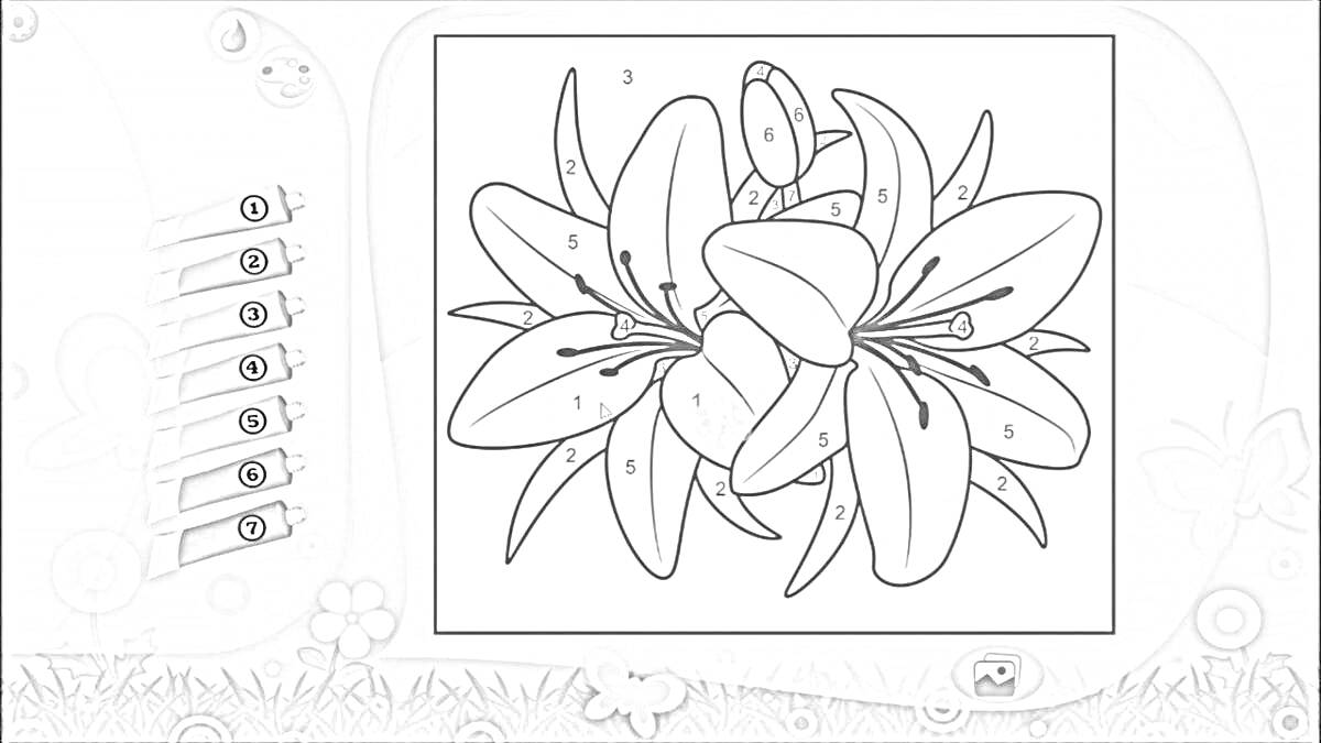 Раскраска Раскраска с цветами, игра по номеру цвета с палитрой из шести цветов, изображены цветы и окружение с природными элементами и бабочками