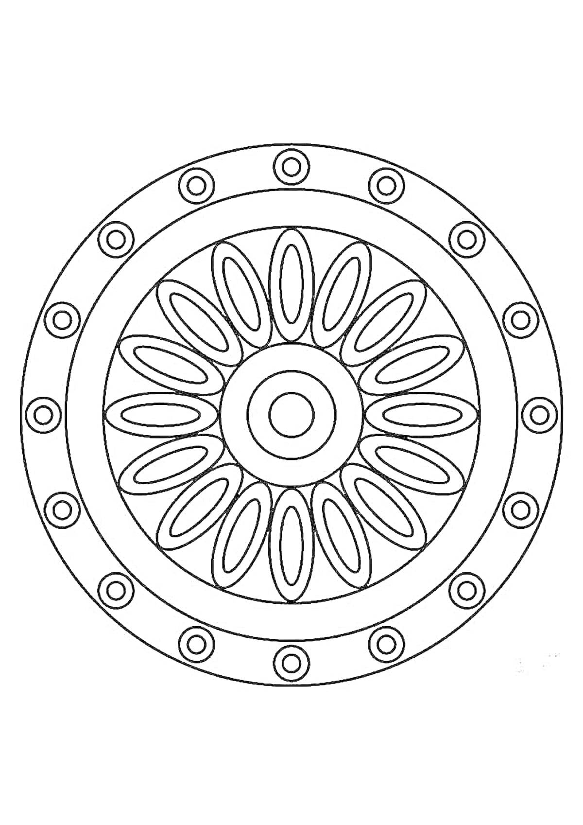 Раскраска орнамент на круглой тарелке с кольцевыми узорами, включающими круги и овалы в виде цветка