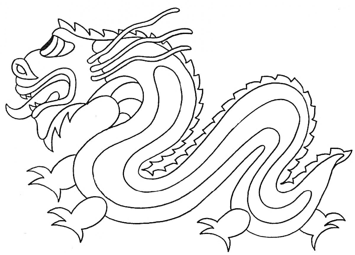 Раскраска Китайский дракон с рогами, усами и чешуйчатым телом
