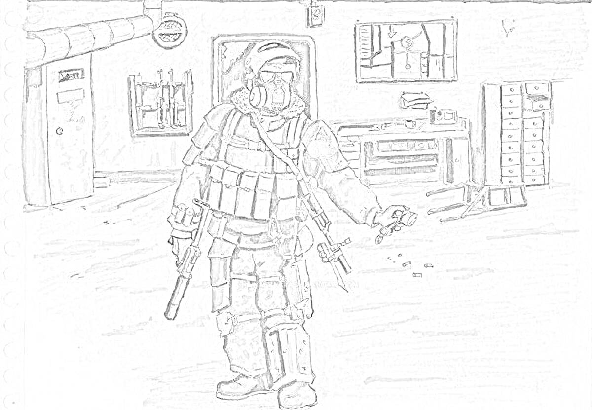 Раскраска Вооруженный человек в противогазе и броне в заброшенной комнате с мебелью и окном на стене