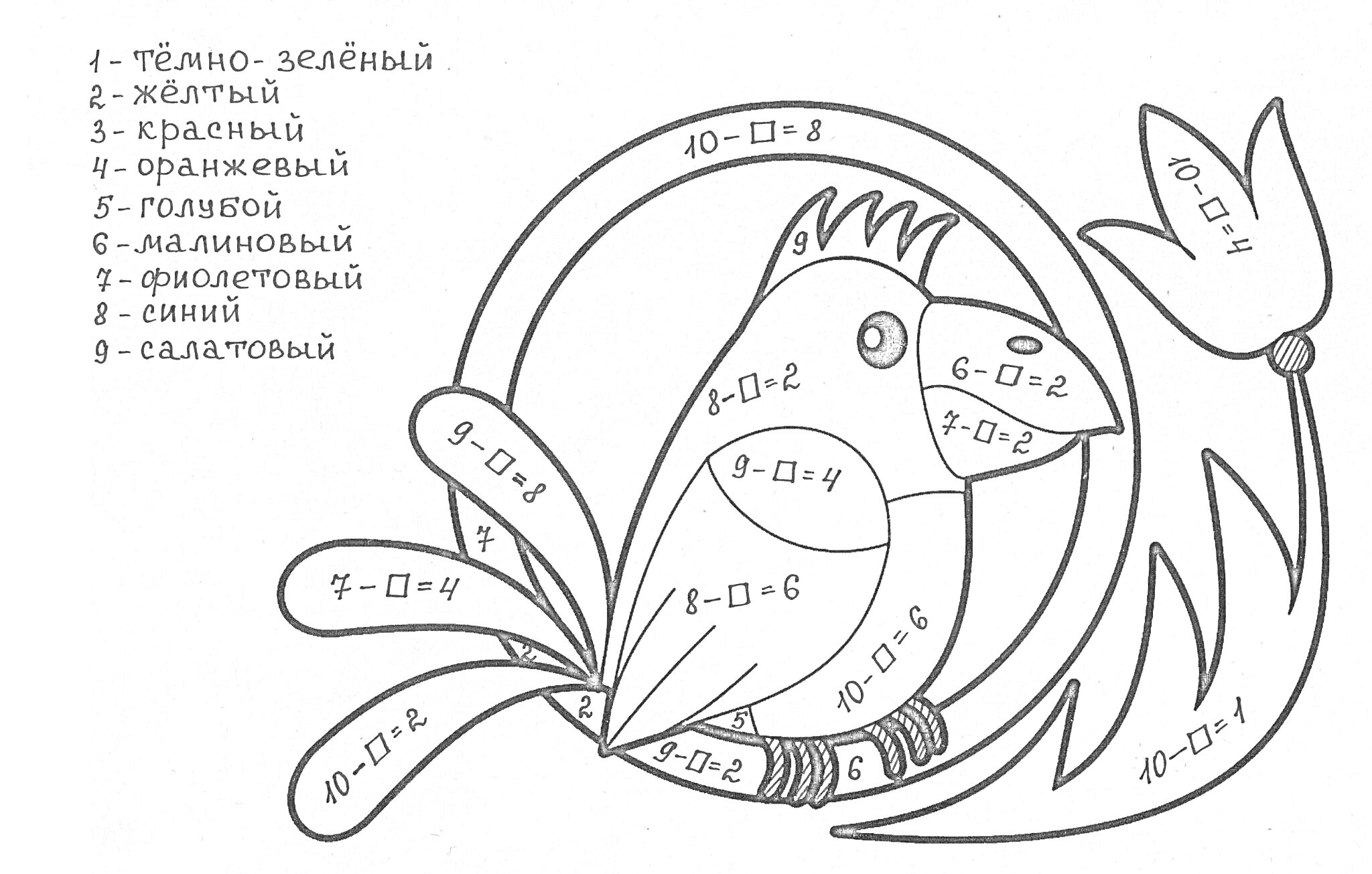 На раскраске изображено: По номерам, Темно-зеленый, Желтый, Малиновый, Светло-зелёный