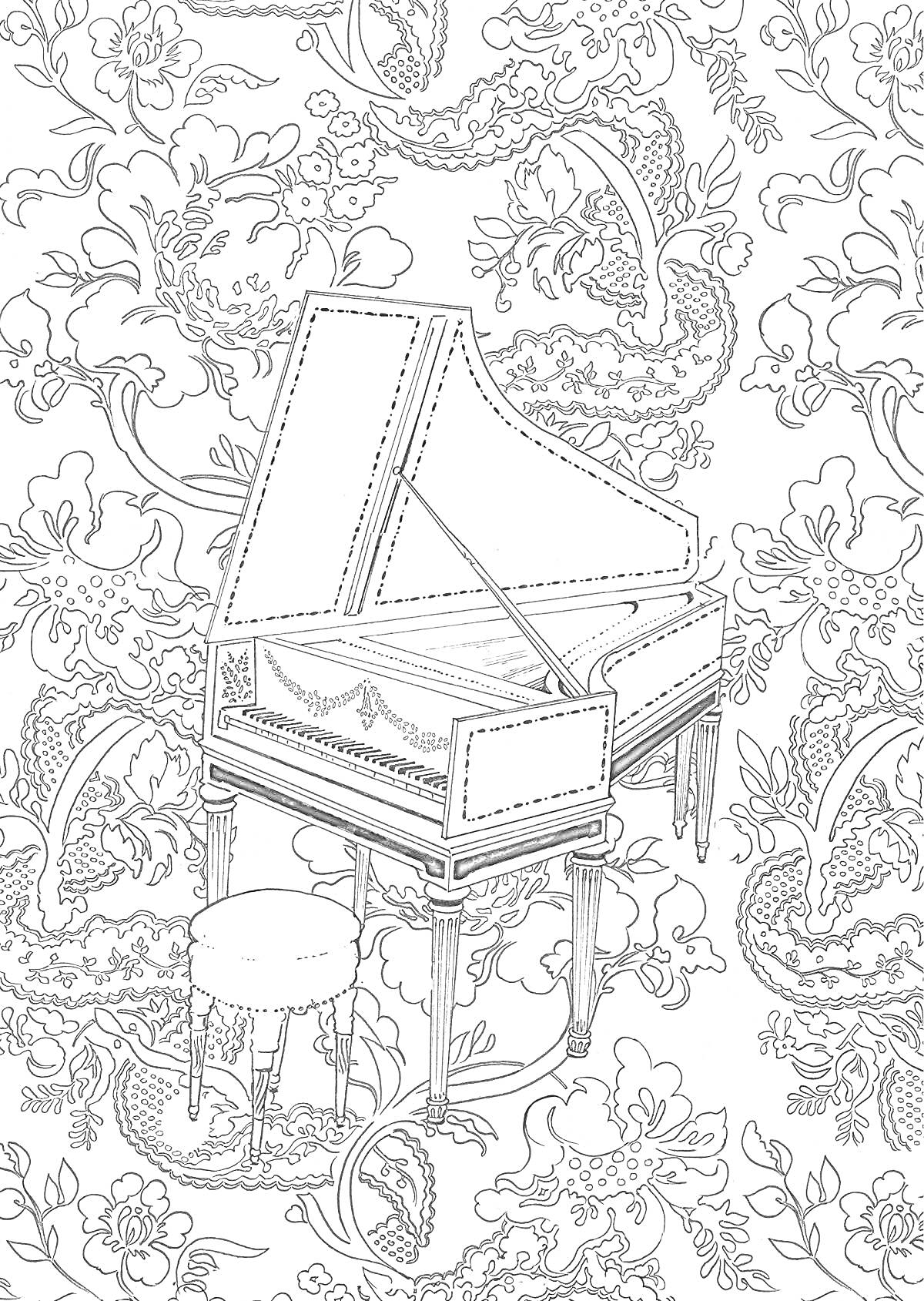 Раскраска Раскраска с клавесином и табуретом на фоне цветочного узора