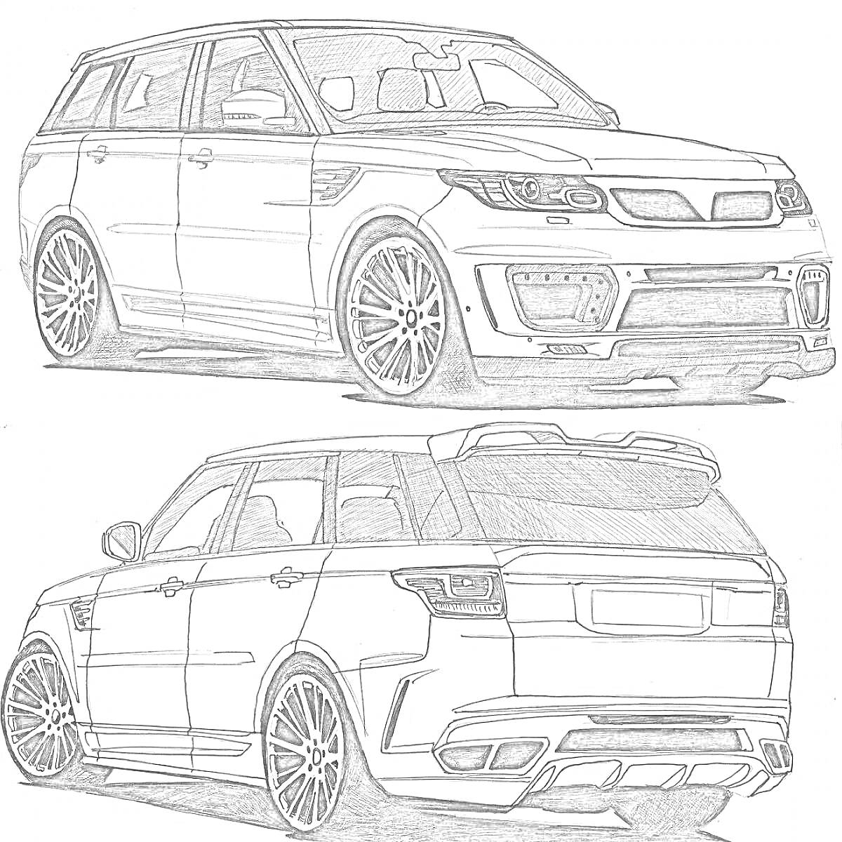 Раскраска Range Rover, рисунок передней и задней частей автомобиля, детали кузова, фары, колеса, боковые зеркала, окна