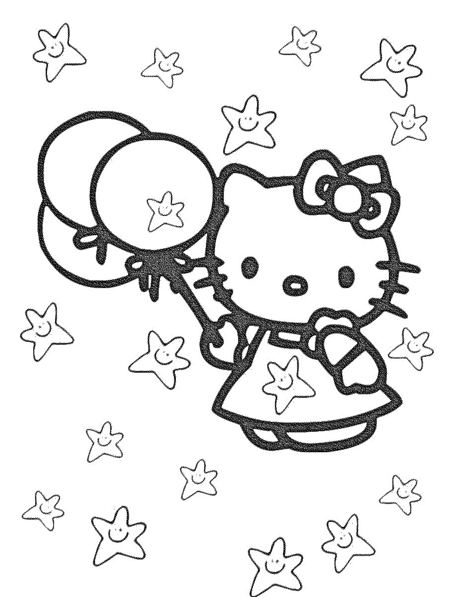 Раскраска Китти с шарами и звездочками