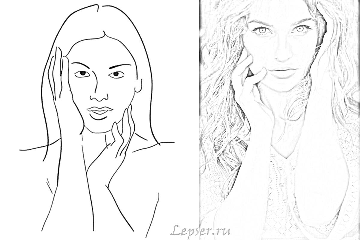 На раскраске изображено: Женщина, Лицо, Руки, Волосы, Длинные волосы