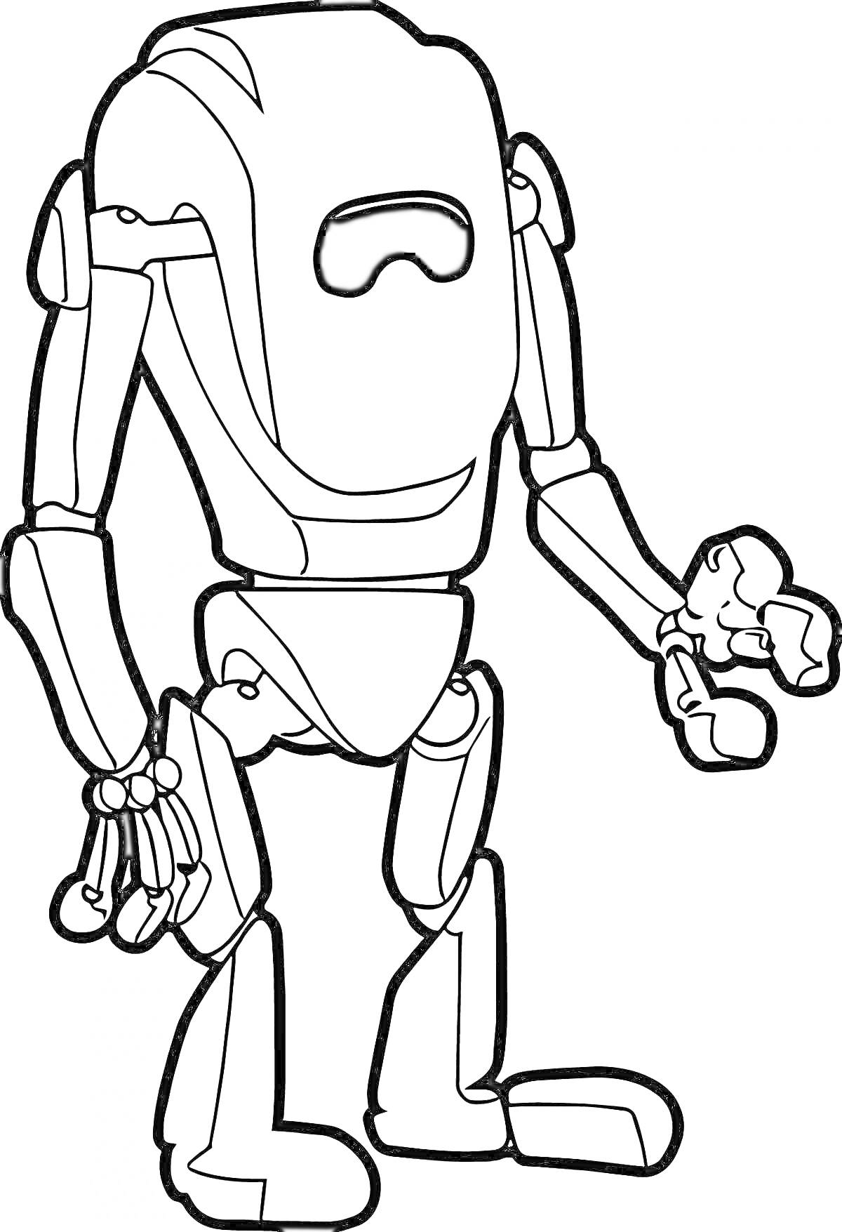 Робот с закрытым лицом, стоящий в полный рост, с открытой кистью правой руки