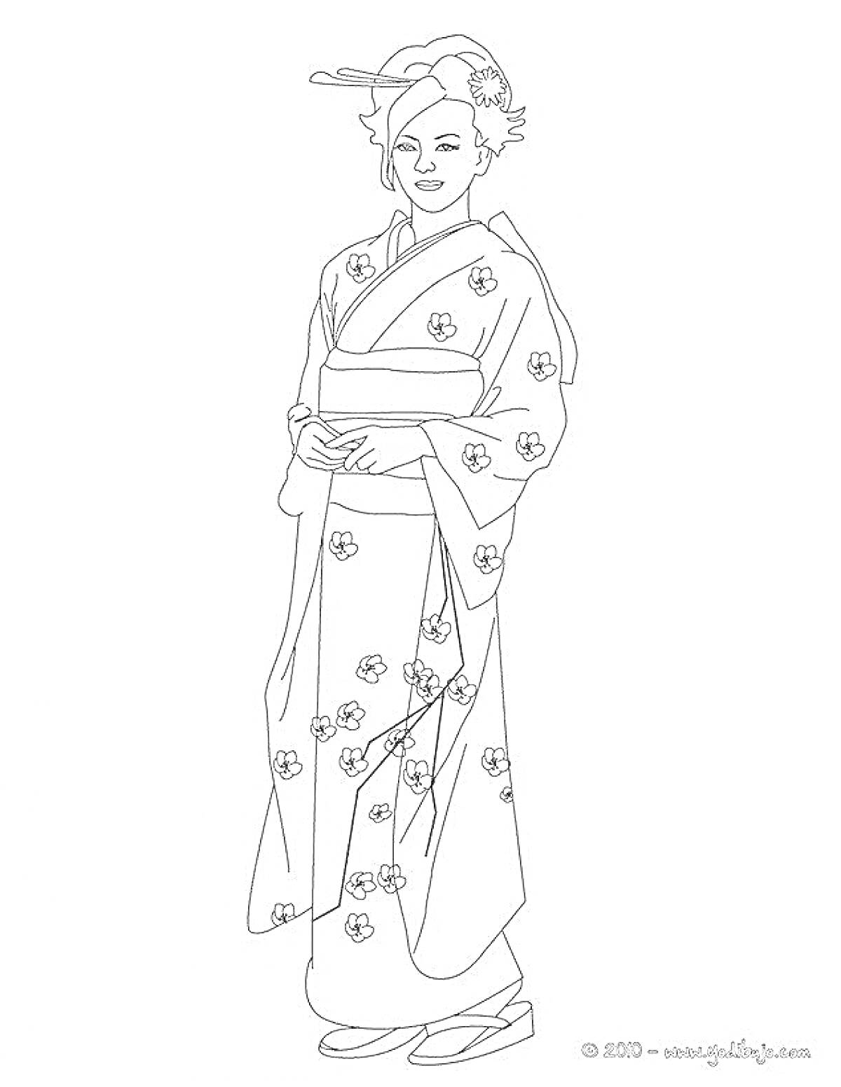 На раскраске изображено: Японка, Кимоно, Цветочный узор, Традиционная прическа, Женская одежда