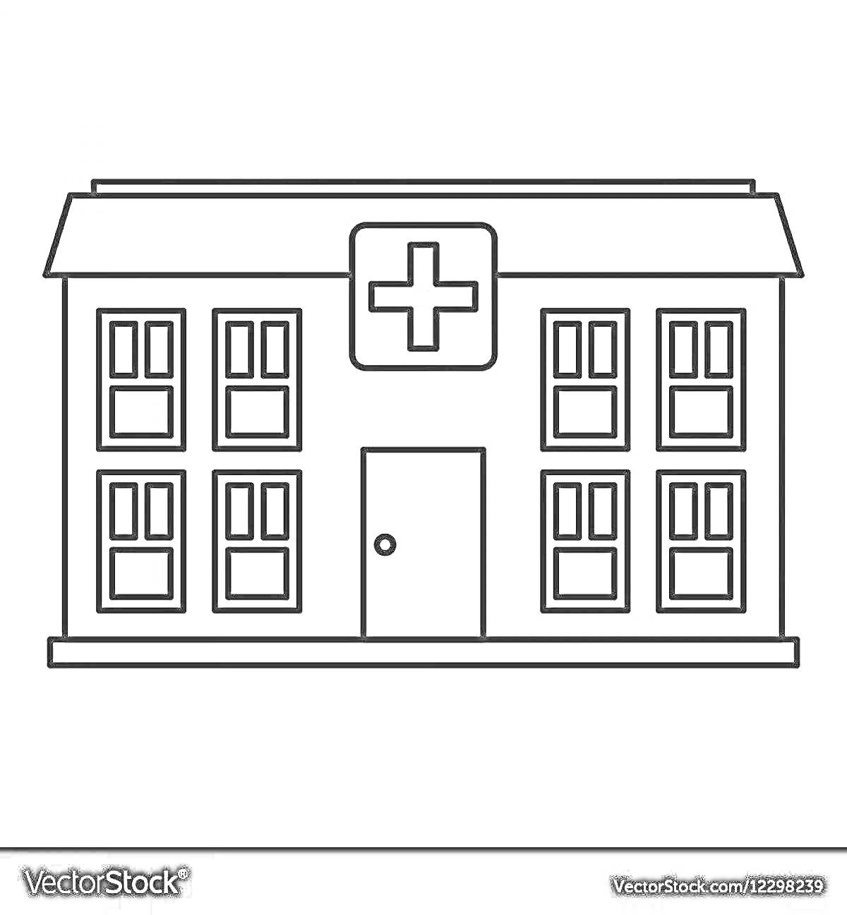 На раскраске изображено: Больница, Здание, Детьми, Крест, Окна, Дверь