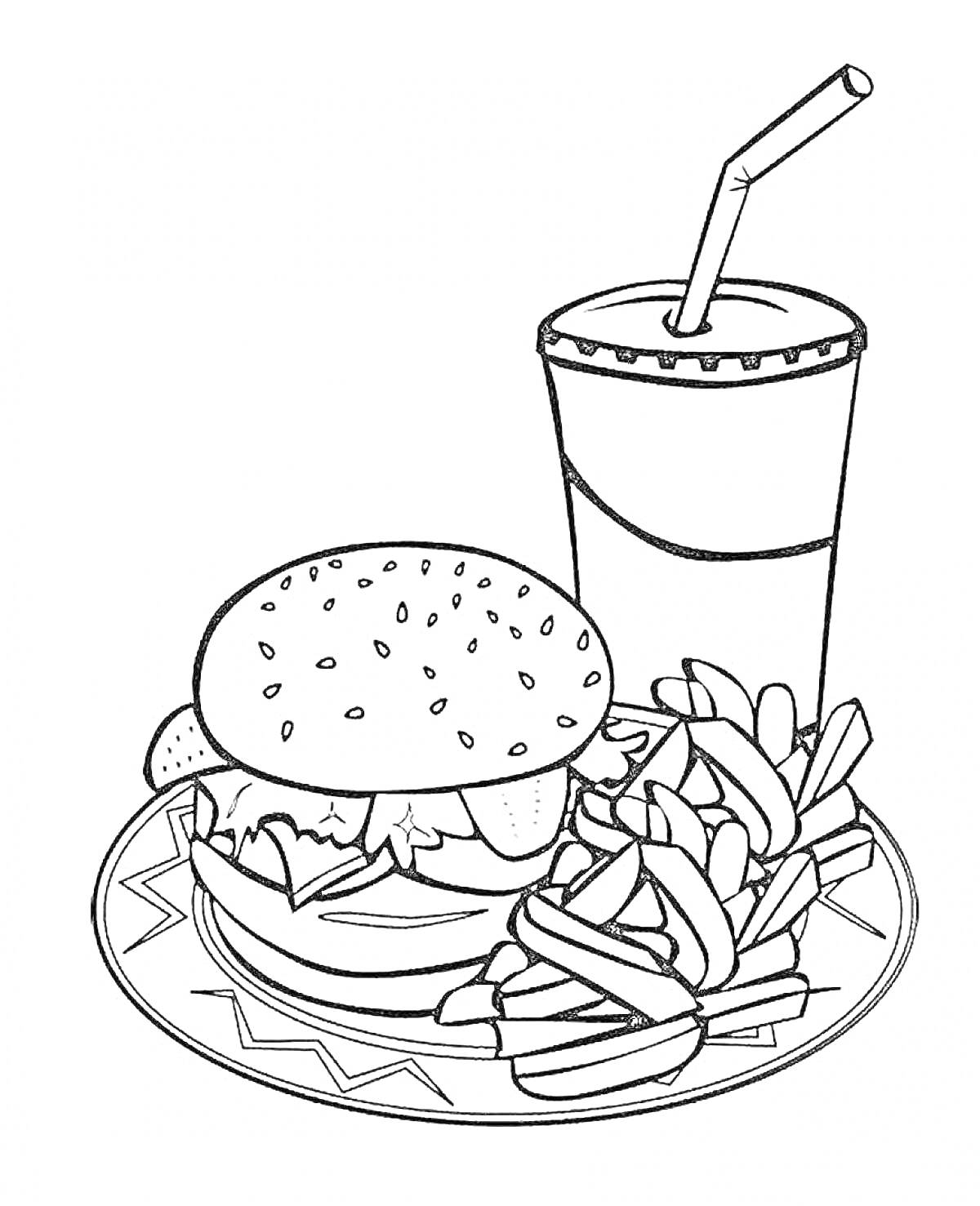 Раскраска Бургер с картошкой фри и газировкой