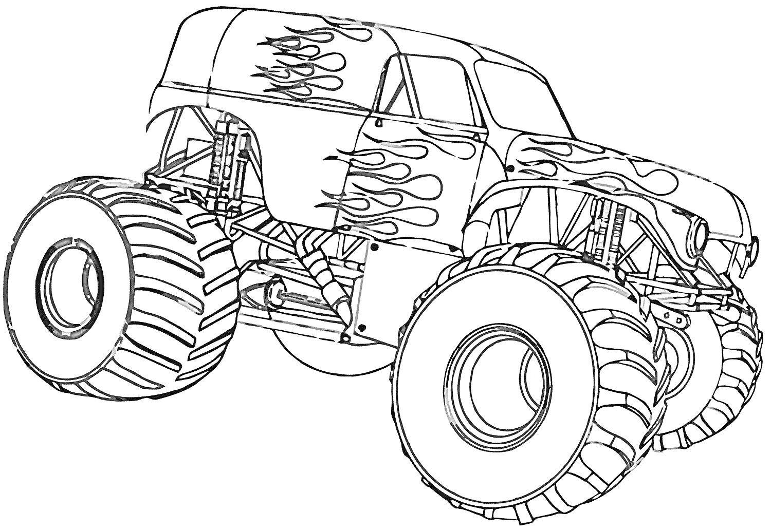 Раскраска Большой монстр трак с пламенным рисунком на корпусе и крупными колесами
