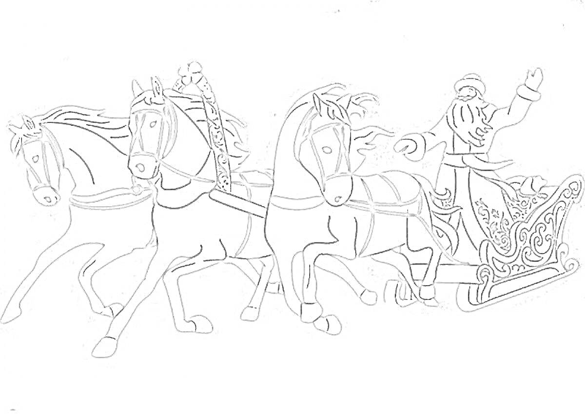 На раскраске изображено: Три коня, Сани, Зима, Мужчина, Верховая езда, Снег, Кони