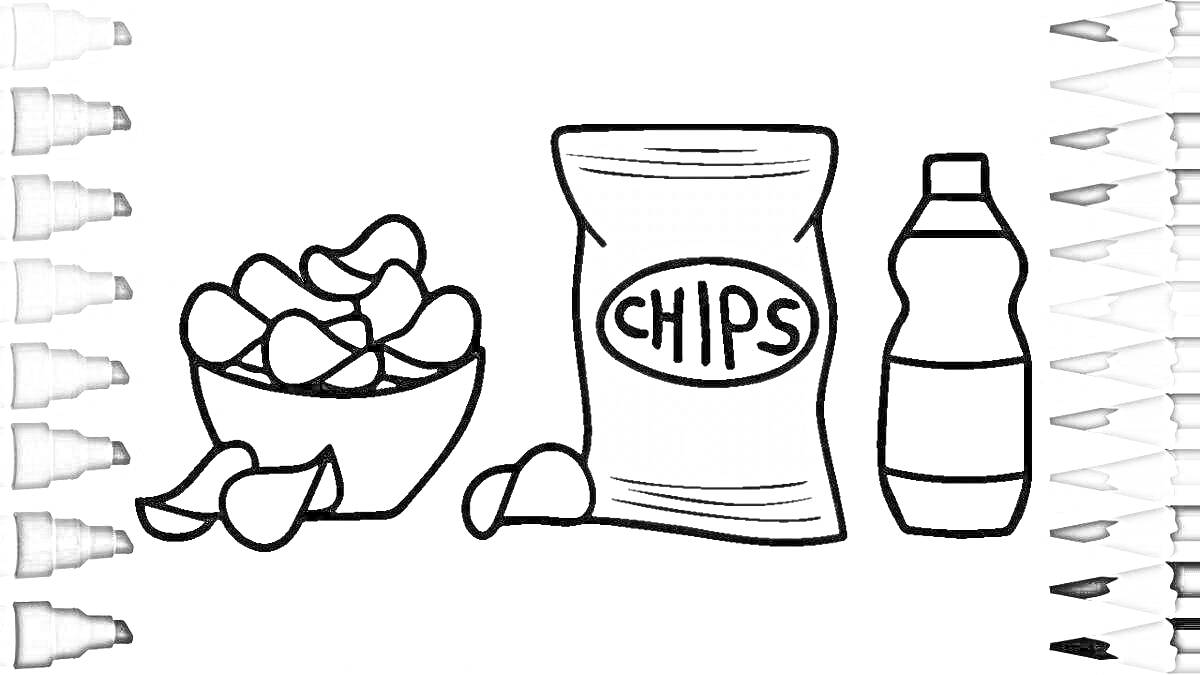 Раскраска миска с чипсами, пакет с чипсами и бутылка
