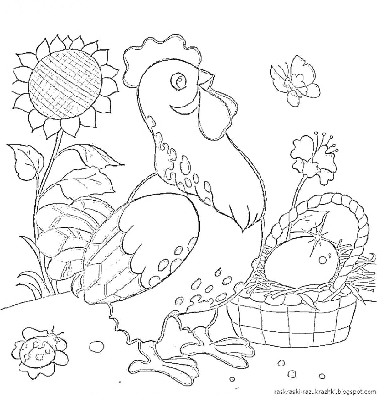 На раскраске изображено: Яйца, Корзина, Цветы, Бабочка, Курицы, Подсолнухи
