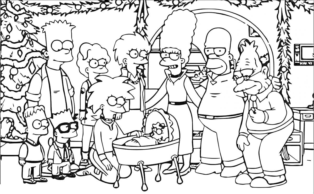 На раскраске изображено: Симпсоны, Рождество, Семья, Праздничное настроение, Родственники