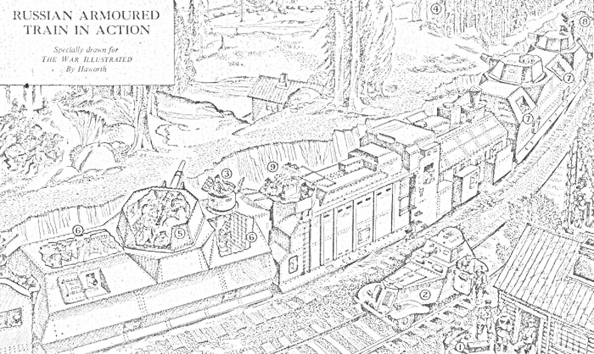 Раскраска Русский бронепоезд в действии, с солдатами на бронепоезде и окопах, деревья и разрушенные здания на фоне