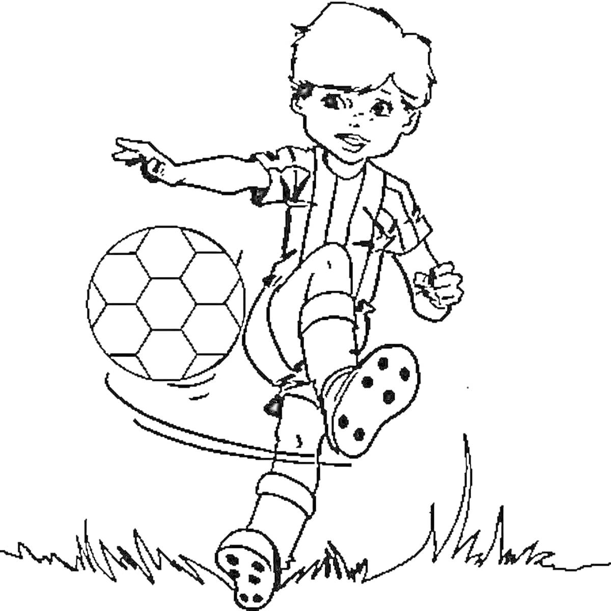 На раскраске изображено: Футбол, Ребенок, Мальчик, Игра, Трава