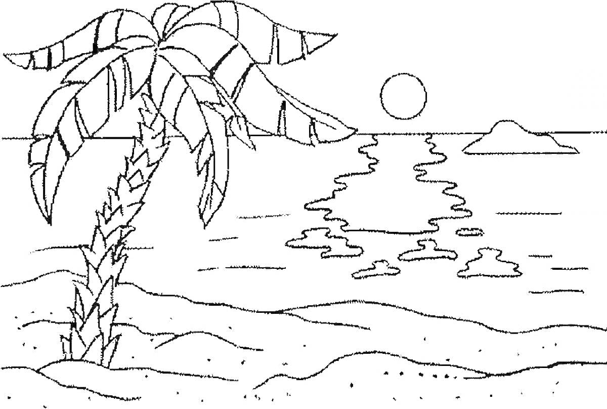 На раскраске изображено: Пляж, Солнце, Вода, Остров, Природа, Пейзаж, Для детей, Море
