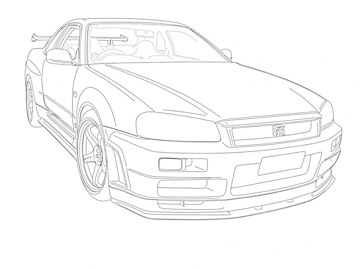 На раскраске изображено: Спорткар, Спойлер, Колёса, Фары, Ниссан Скайлайн, Контурные рисунки