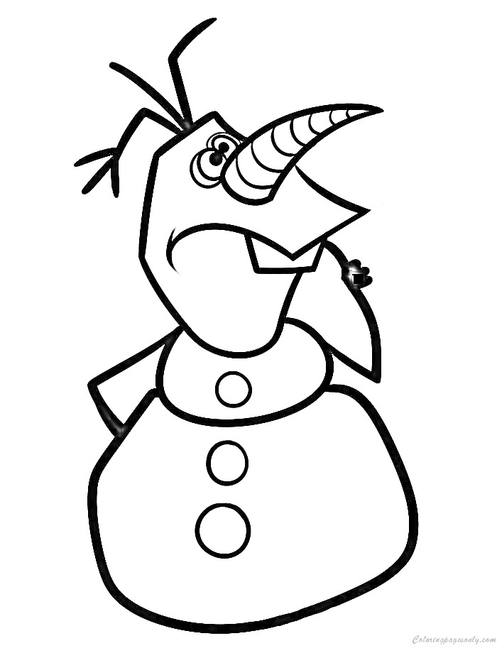 Раскраска Снеговик со смешным выражением лица, морковным носом и тремя пуговицами