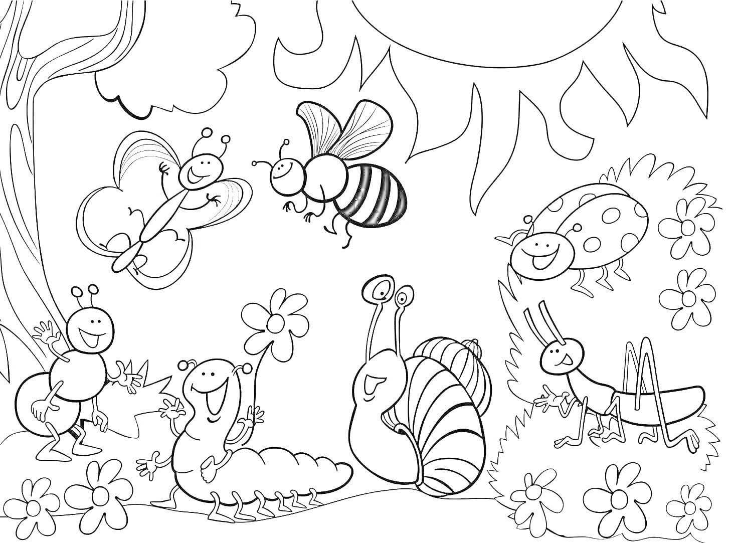 На раскраске изображено: Бабочка, Шмель, Муравей, Улитка, Кузнечик, Цветы, Солнце, Природа, Лес