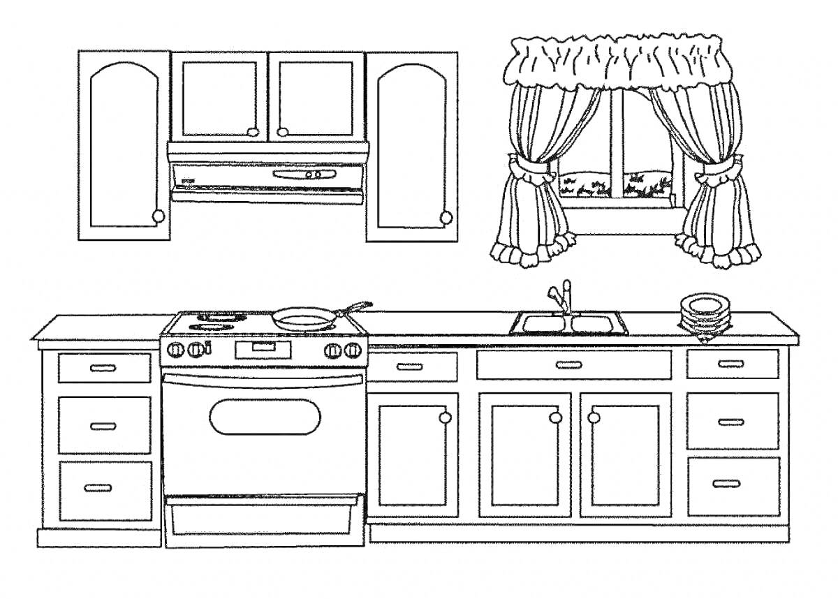 Кухня с плитой, раковиной, шкафчиками, тарелками и окном