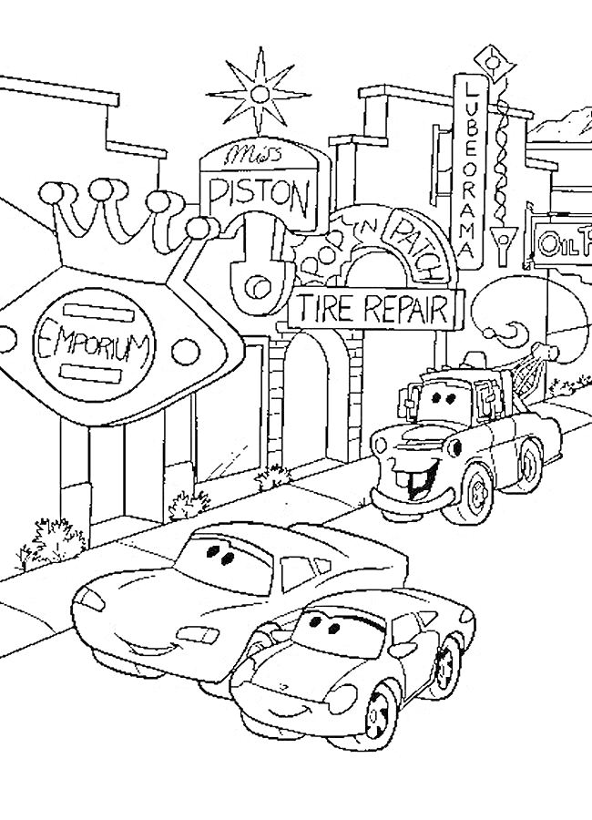 Раскраска Два гоночных автомобиля и эвакуатор на улице с вывесками магазинов: Emporium, Tire Repair, Oil и др.
