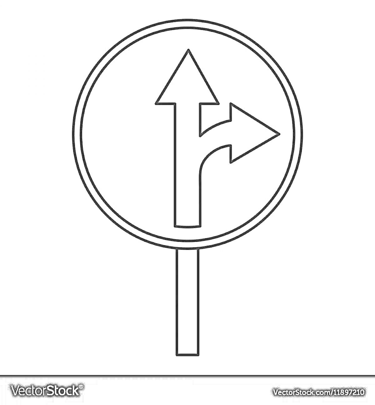 Раскраска Дорожный знак, предписывающий движение прямо или направо, круглый знак с двумя стрелками