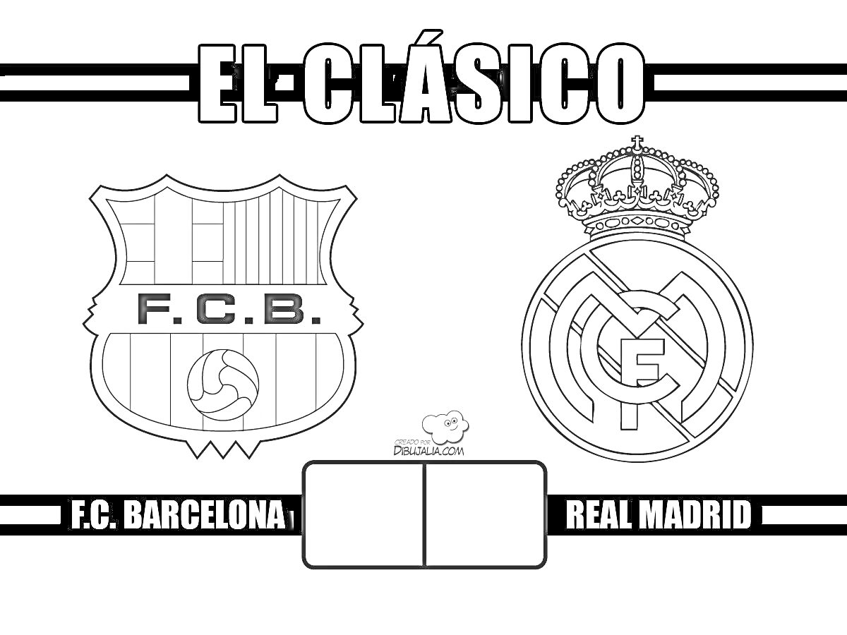 Раскраска Логотипы футбольных клубов Барселона и Реал Мадрид, с надписью 