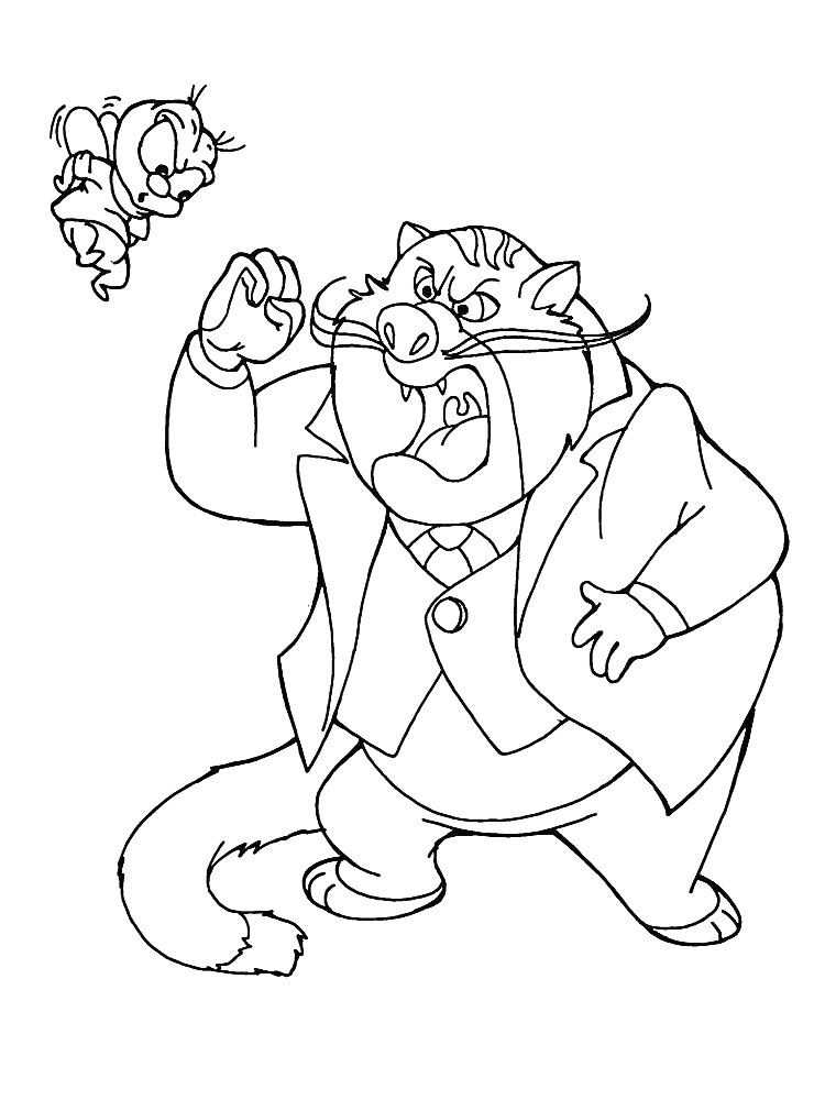 Раскраска Персонажи Чип и Дейл и злодей кот в костюме (толстый, сердитый, держит кулак)