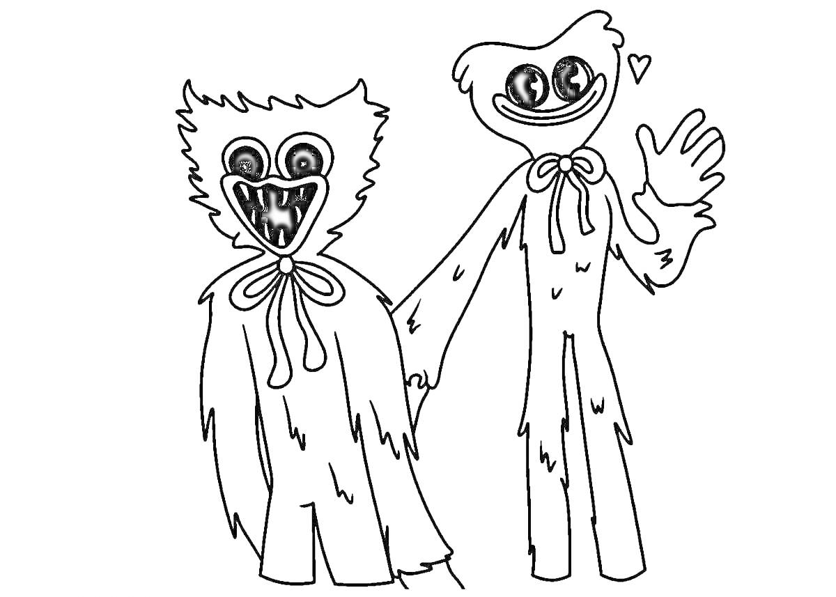 Раскраска Два персонажа улыбаются и держатся за руки, один из них с сердечком возле головы
