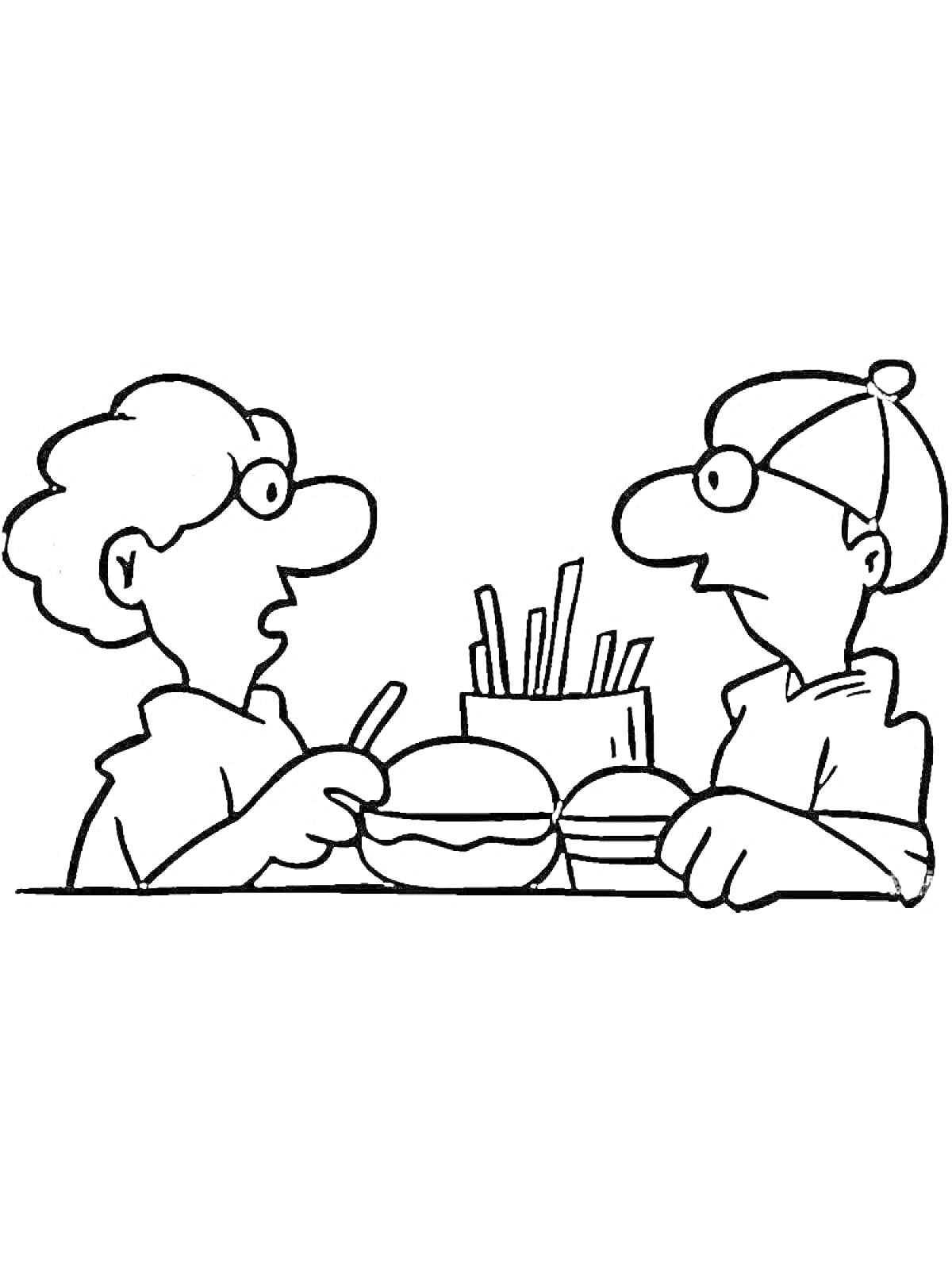 На раскраске изображено: Макдональдс, Бургер, Два человека, Еда, Ресторан, Стол, Очки, Картофель фри