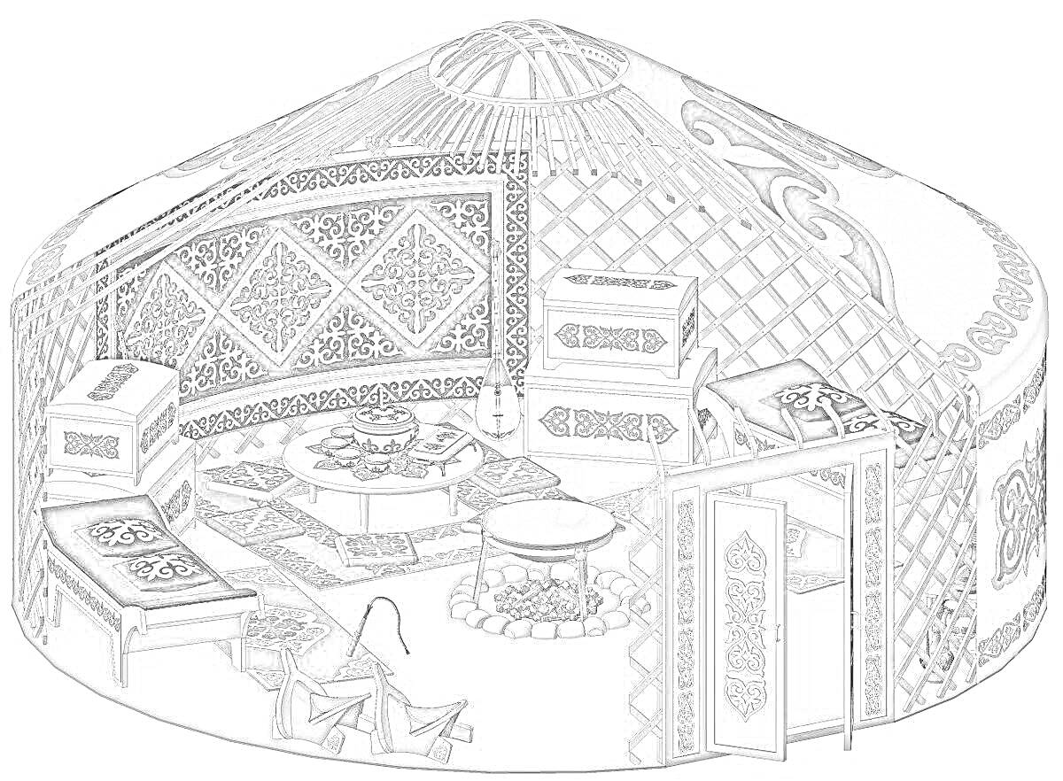 Раскраска Башкирская юрта с мебелью, сундуками, коврами и посудой