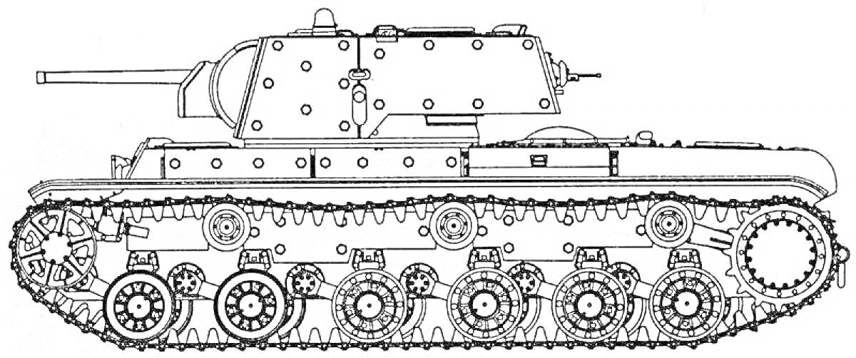 Раскраска Танк КВ-1 с пушкой, башней, люками, гусеницами и катками
