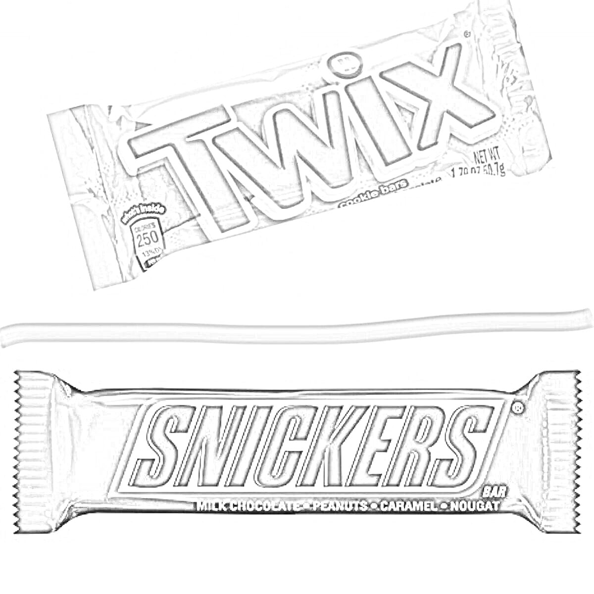 Раскраска Упаковка батончиков Twix и Snickers