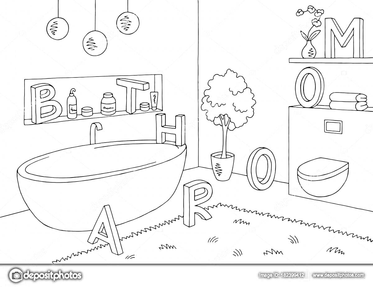 На раскраске изображено: Ванна, Полки, Светильники, Буквы, Комната, Интерьер