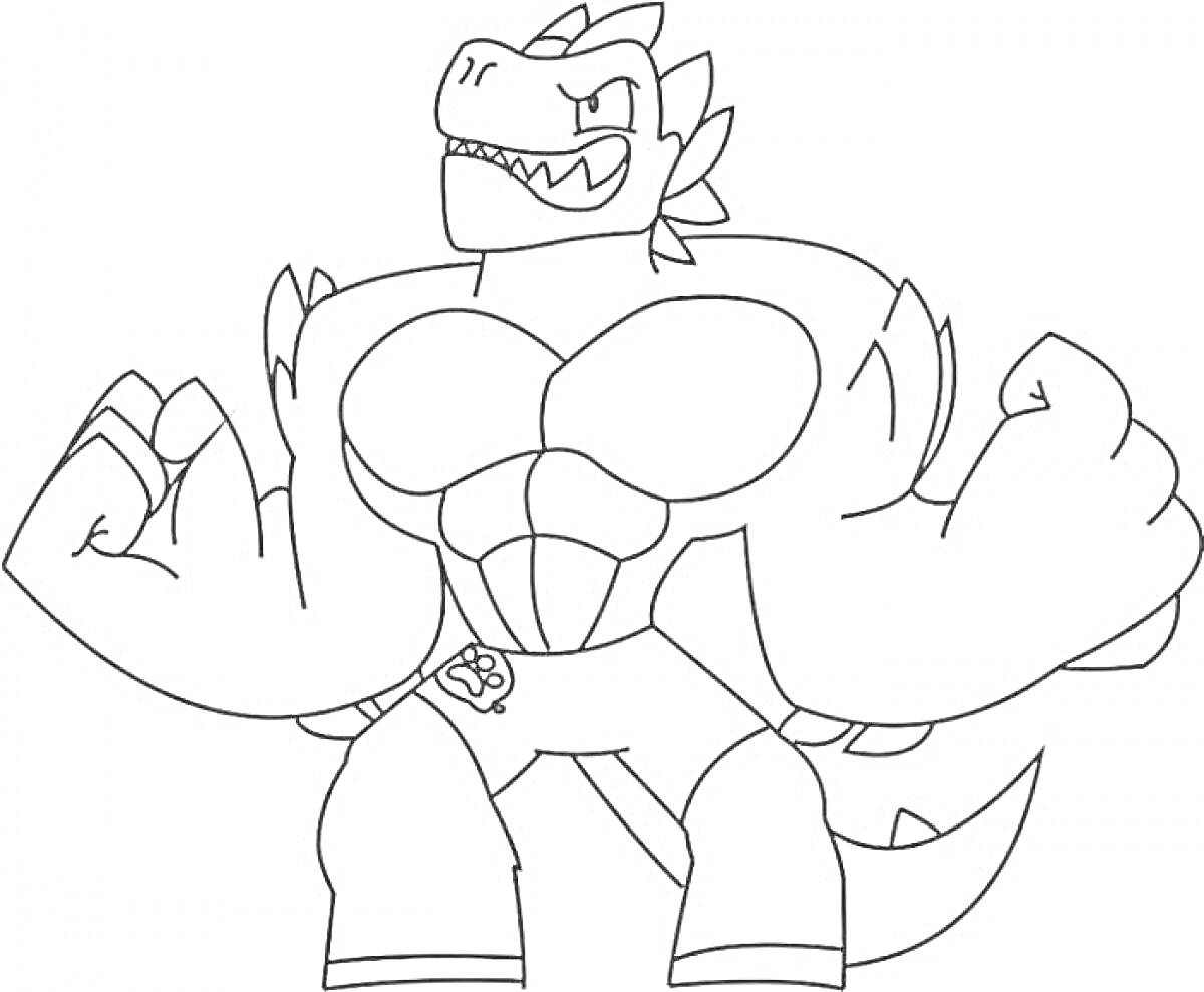 Раскраска Гуджитсу с динозавром, мускулистая фигура, с крючковатыми руками и короткими штанами