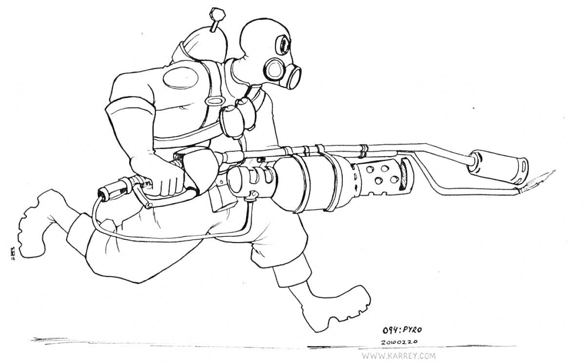 Раскраска Человек в противогазе с огнеметом