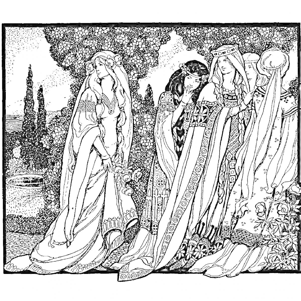 Раскраска Средневековые дамы в роскошных нарядах на фоне деревьев и пейзажа