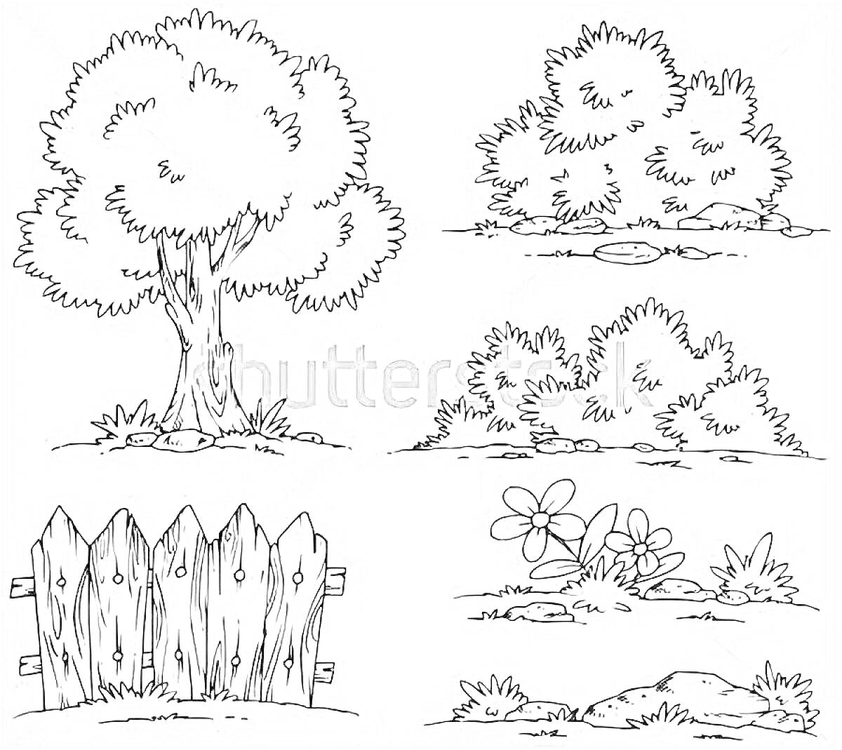 Раскраска кустарники и элементы природы - дерево, кусты, забор, цветы и камни