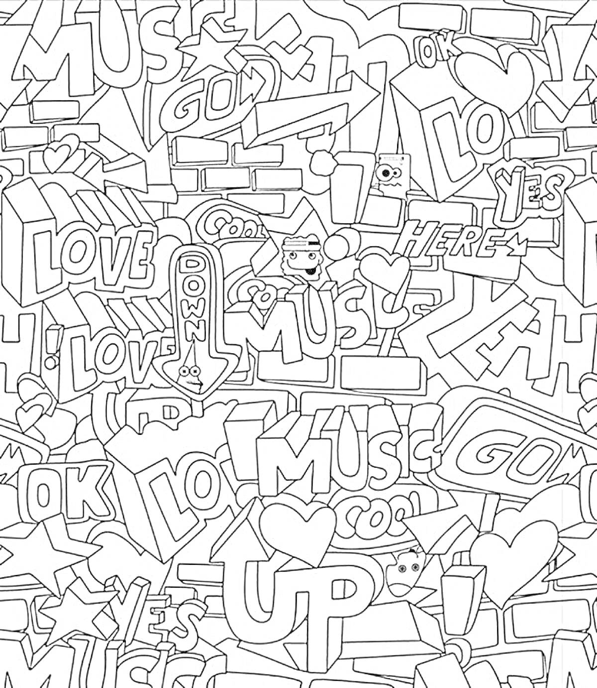 Раскраска Постер с надписями и графическими элементами (музыка, любовь, сердца, стрелки, улыбающиеся лица)
