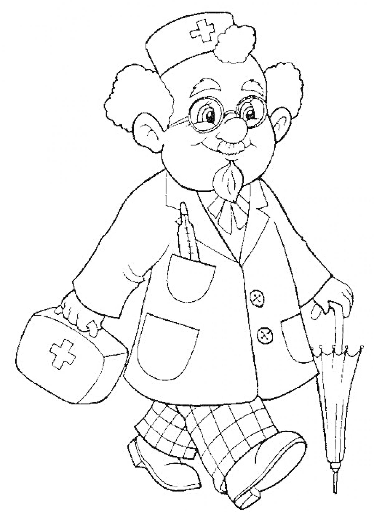 Доктор с очками, держит зонт, медицинский чемоданчик, карандаш в переднем кармане, в халате