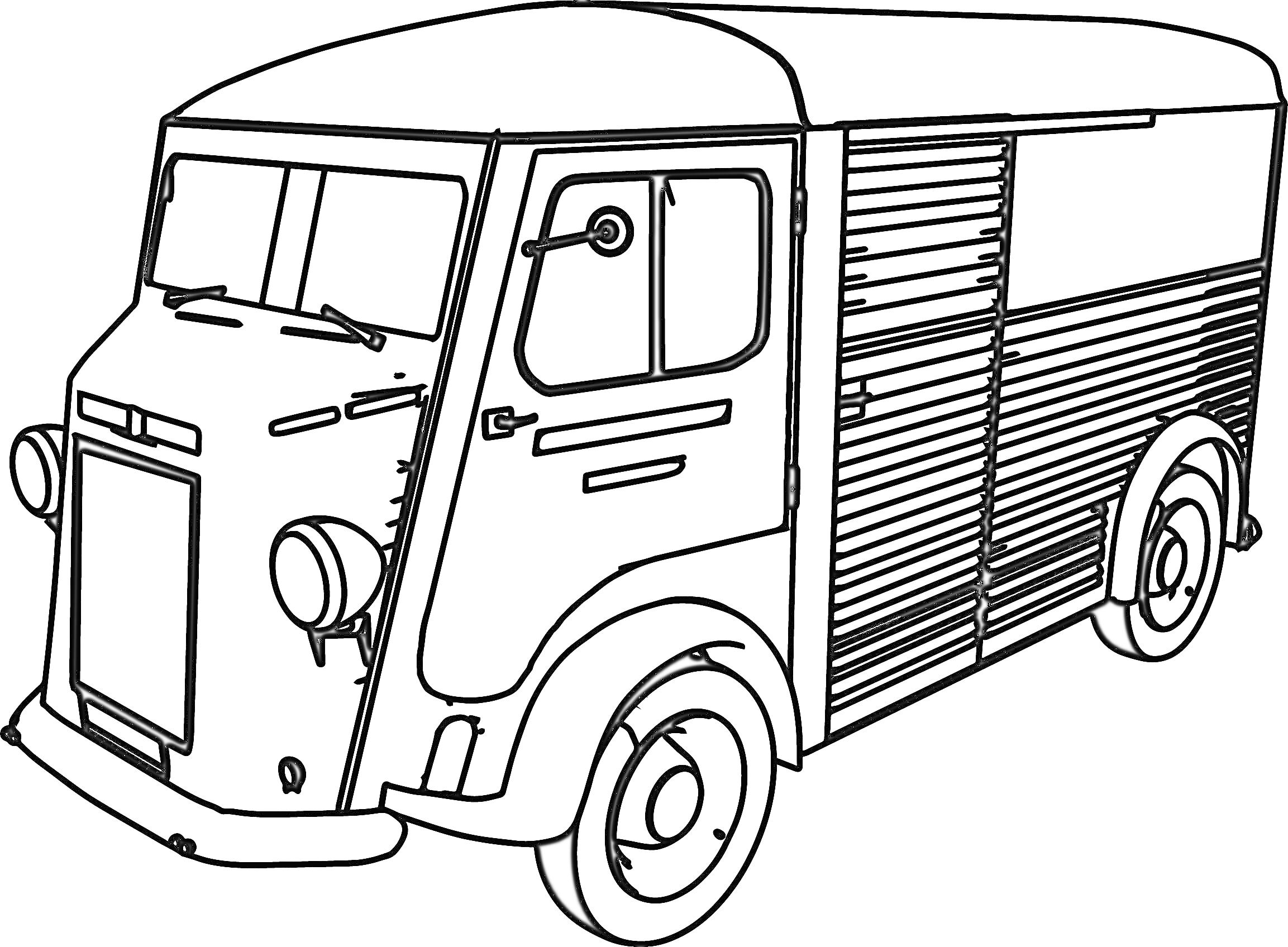На раскраске изображено: Фургон, Ретро, Транспорт, Колеса, Авто, Грузовая машина
