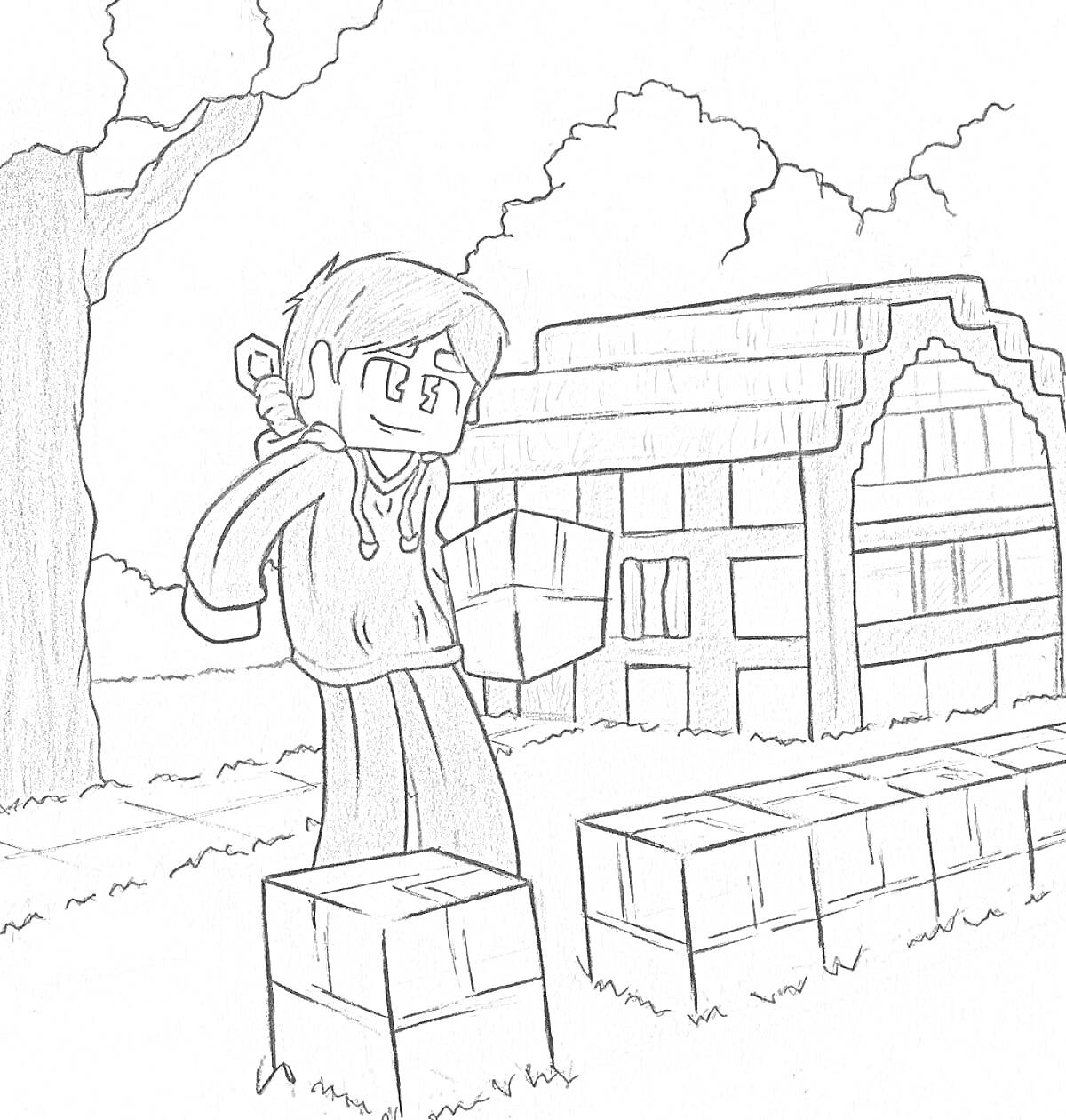 Раскраска Персонаж в майнкрафт-стиле с мечом и щитом на фоне дома и дерева