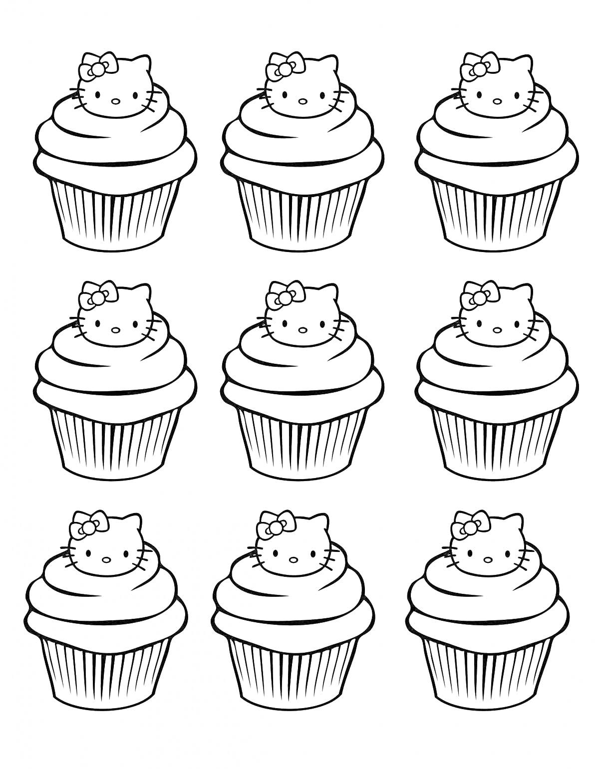 девять кексов с изображением кота с бантиком на вершине каждого кекса