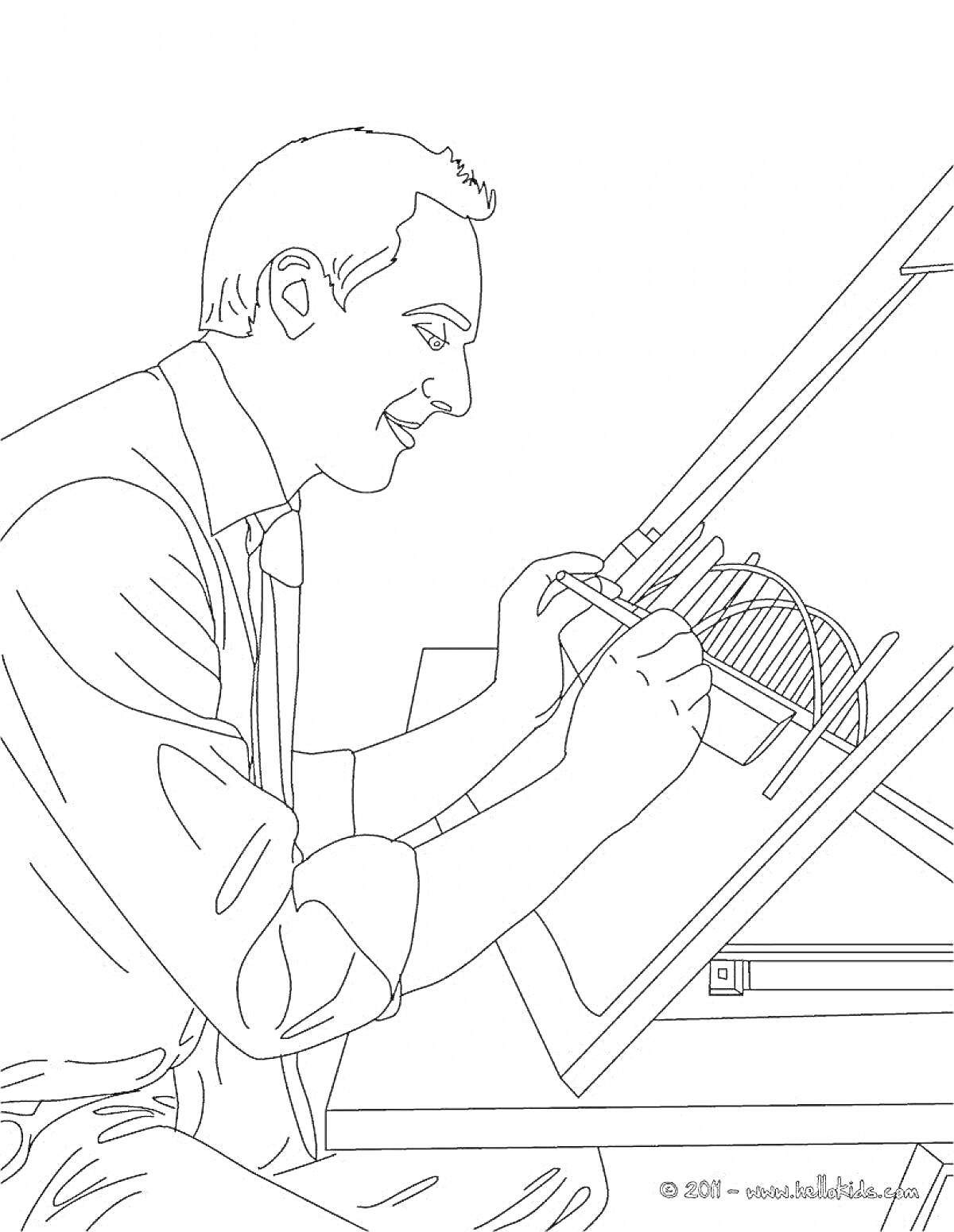 Раскраска Архитектор, работающий за чертёжным столом, с инструментами для проектирования
